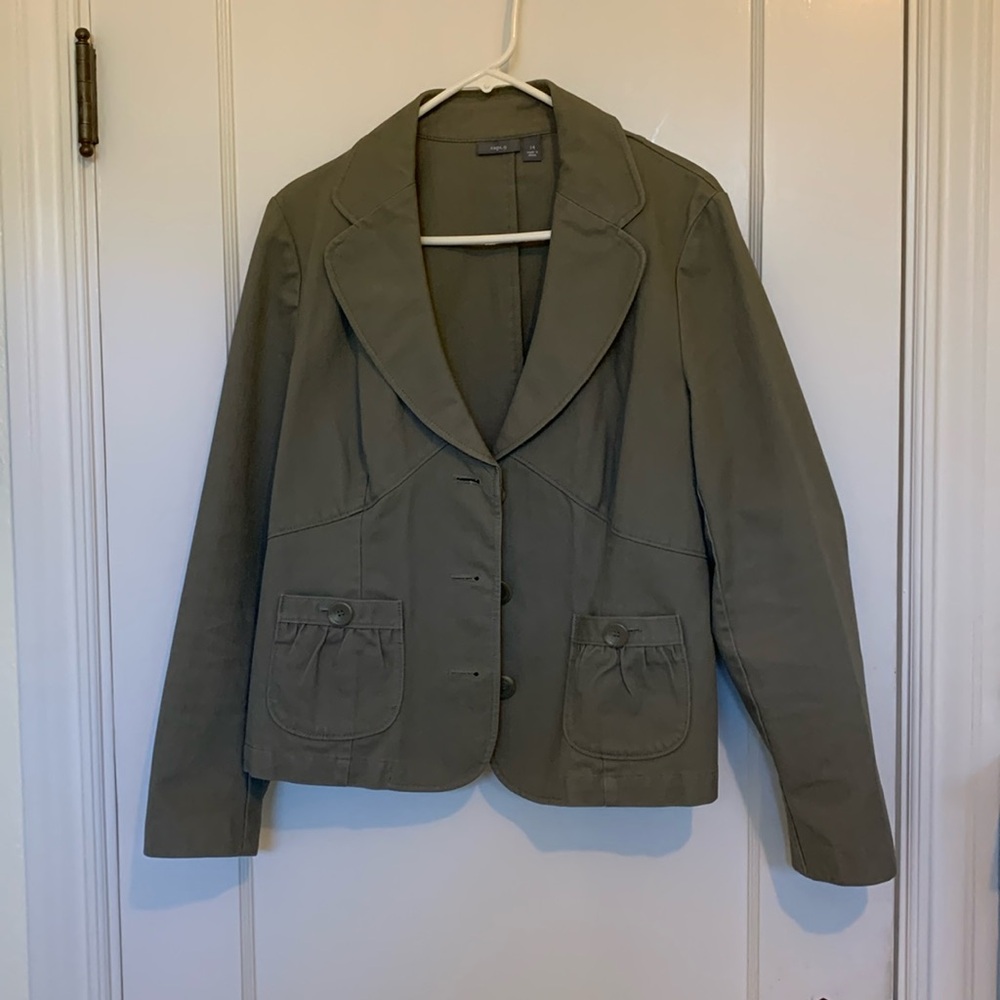 Apt 9, size 14, Olive green jacket with design features.